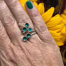 Sterling silver dark emerald green with white swirls adjustable enamel ring 