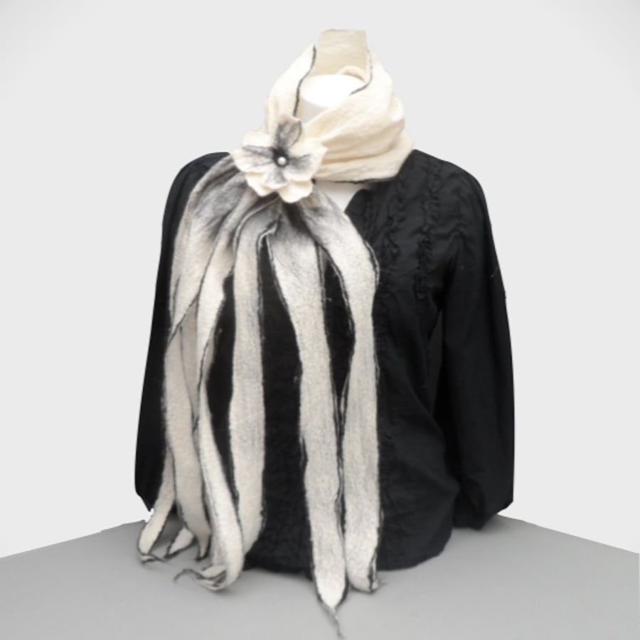 Felted scarf, white and black with flower addition, gift boxed