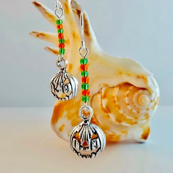 Halloween Pumpkin Earrings With Green & Orange Glass, Trick Or Treat, Spooky