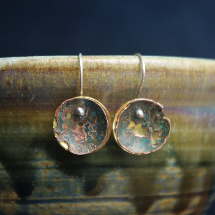  Brass and Verdigris Copper  Dangle  Earrings