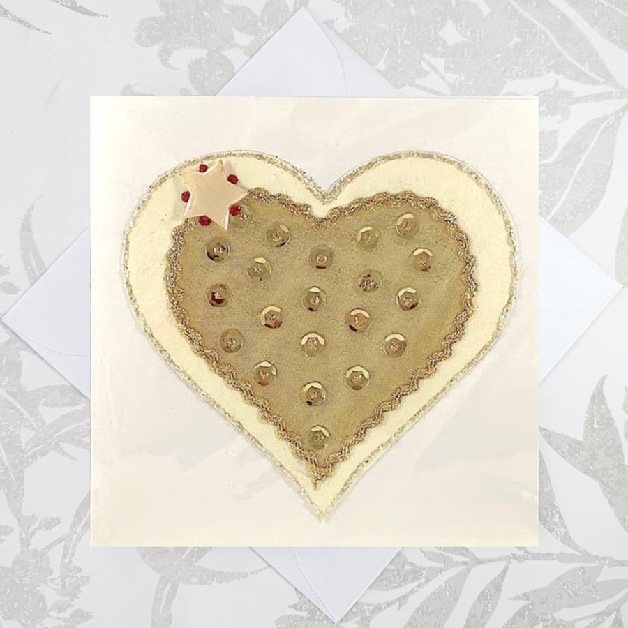 Golden wedding anniversary card - golden heart sequins textile card 50th wedding