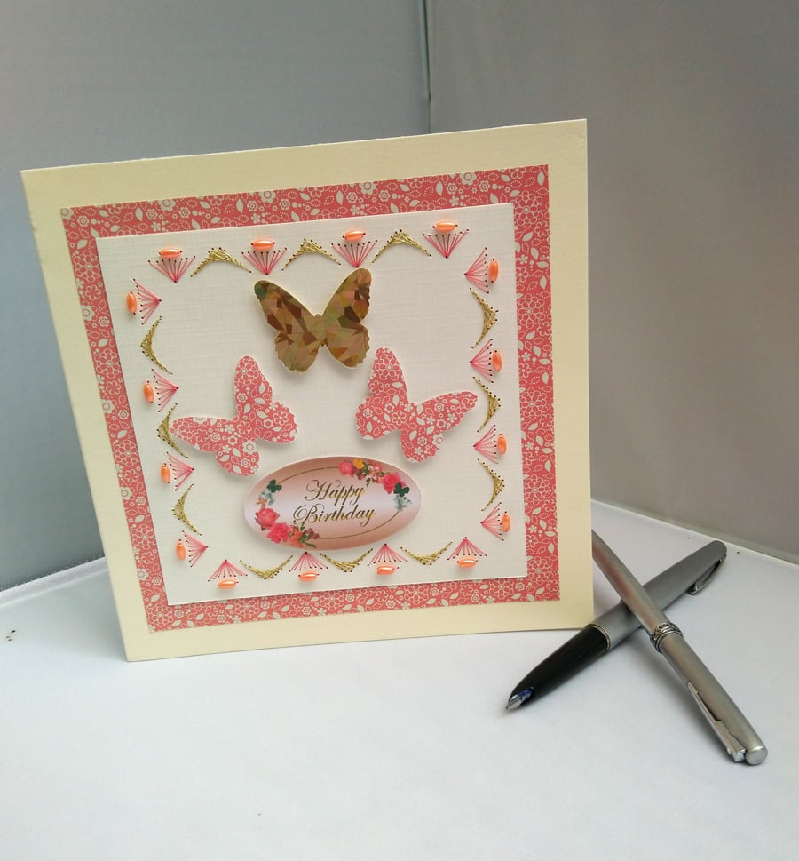 Cards, Birthday Card Butterfly, Embroidered with Beads 