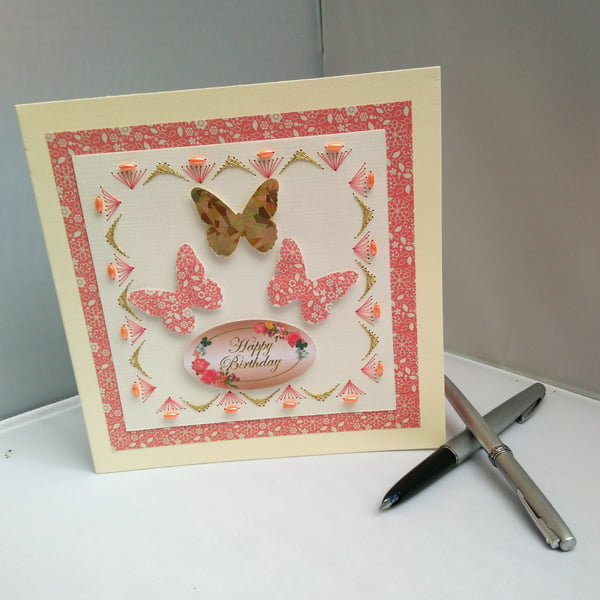 Cards, Birthday Card Butterfly, Embroidered with Beads 