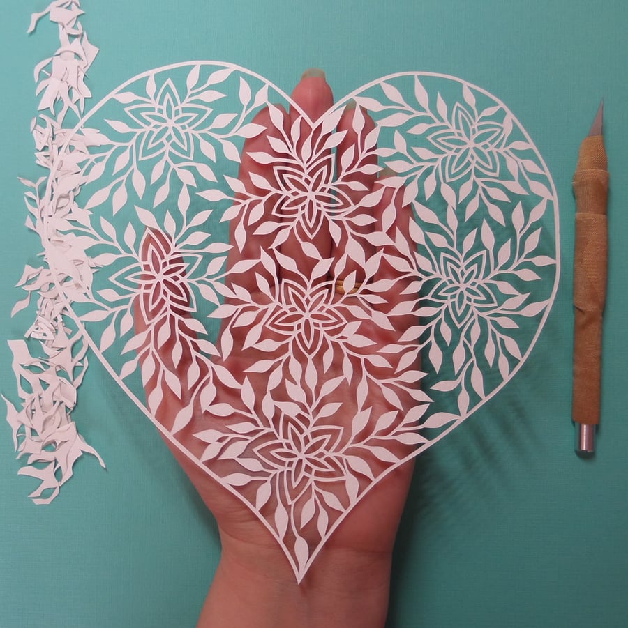 'Floral Lace Heart' Original Hand Cut Papercut on Canvas