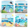 Greetings Cards (Pack of 4) - Seaside Watercolour Art - Puffin, Seagull, Boat