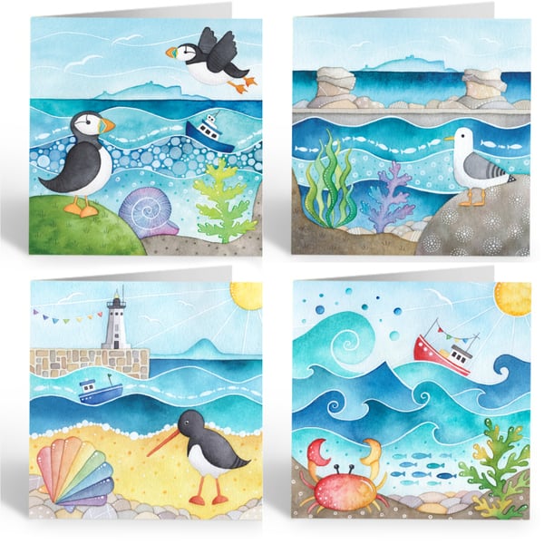 Greetings Cards (Pack of 4) - Seaside Watercolour Art - Puffin, Seagull, Boat