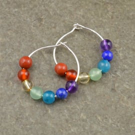 Boho 4mm Chakra Gemstones & 20mm Sterling Silver Hoop Earrings