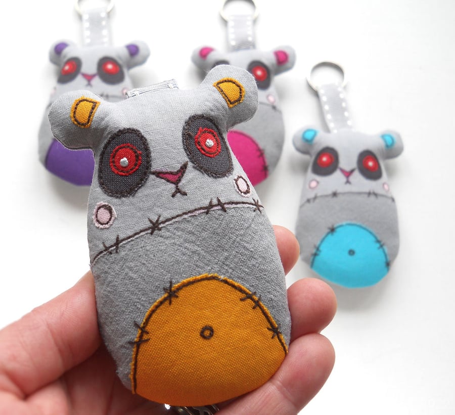 freehand embroidered zombie panda keyring bag charm orange