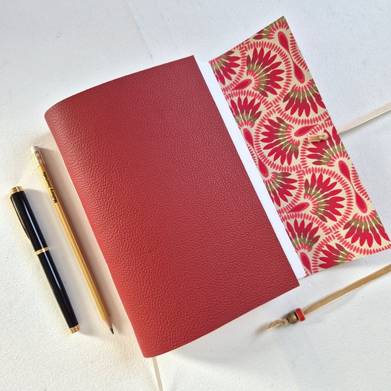 Red Leather Art Deco Fans Journal or Sketchbook, A5 size, Hand Bound