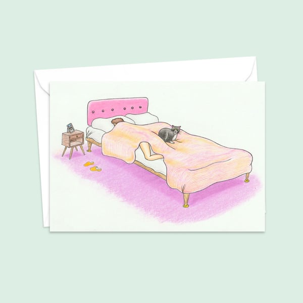 Cute Cat Greeting Card: Cosy Bed Cat Illustration (312)