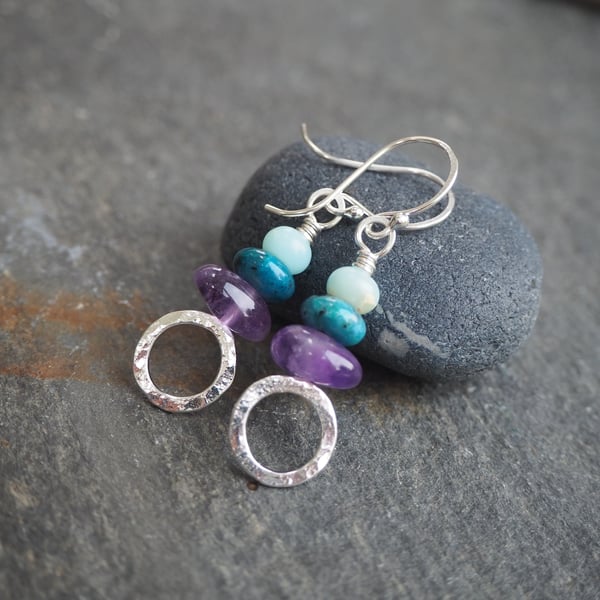 Earrings, Silver Hoop Earrings with Amethyst and Jasper Beads