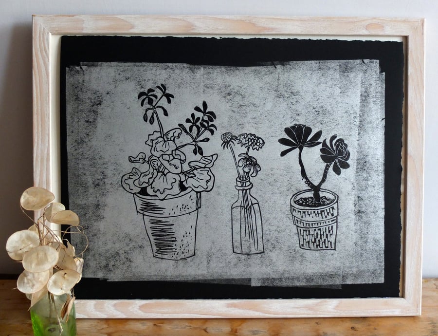 Silver Windowsill Plants i - lino print