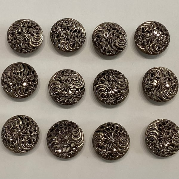 Buttons, twelve silver tone, metal,  pierced buttons