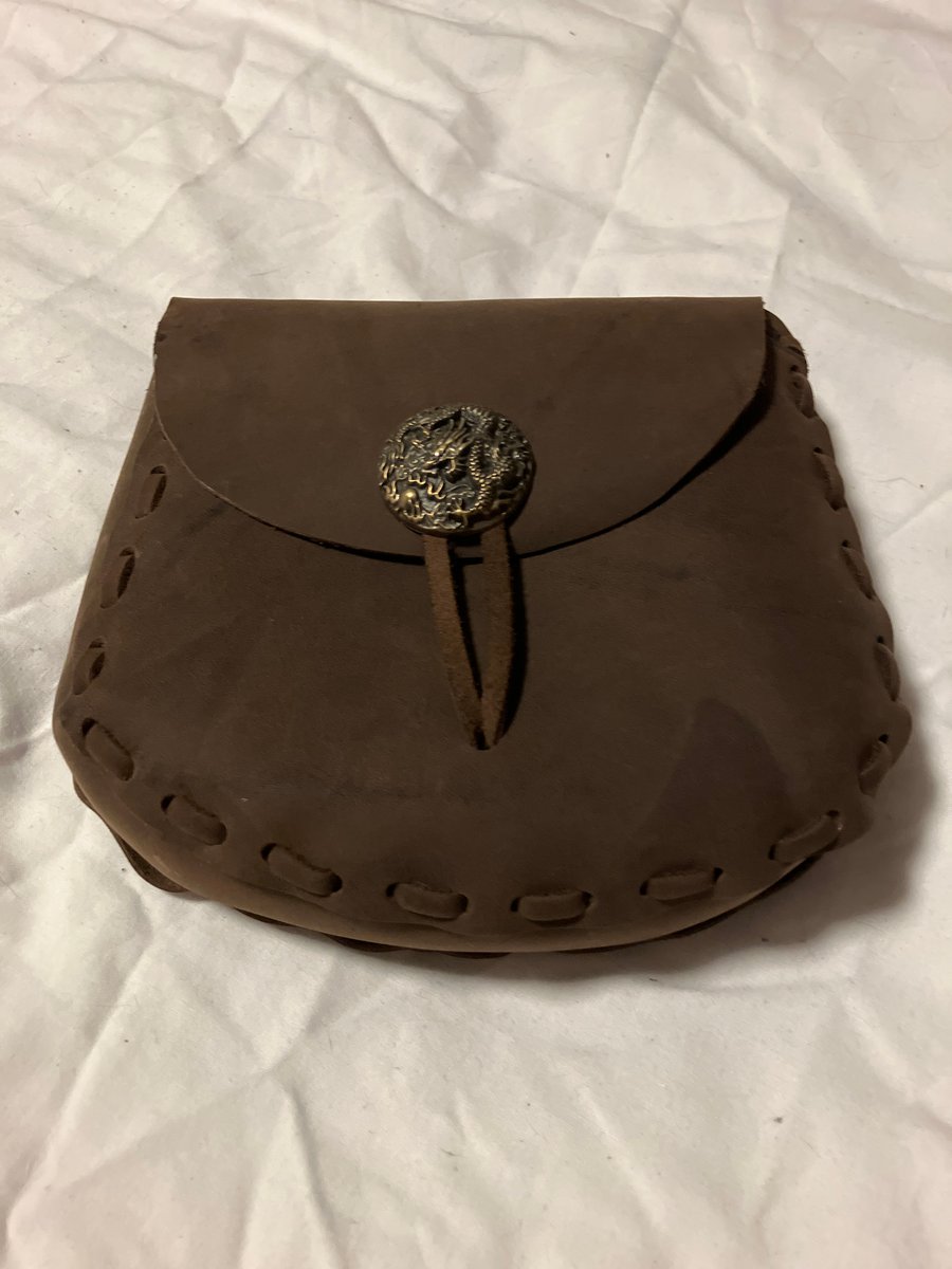 Pouch: Brown coloured Leather Medieval Style W Dragon Closure - FREE SHIPPING