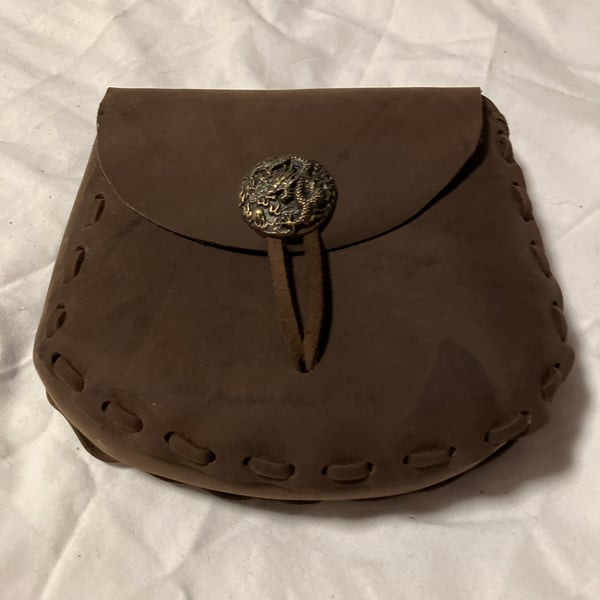 Pouch: Brown coloured Leather Medieval Style W Dragon Closure - FREE SHIPPING