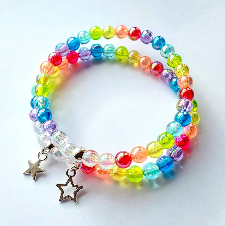 Beaded Bracelets Rainbow Star Stretch Bangles Bright Colours FREE P&P