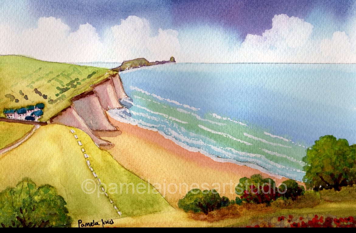Worms Head, Rhossili Bay, Gower, Original Watercolour, in 14 x 11 Mount