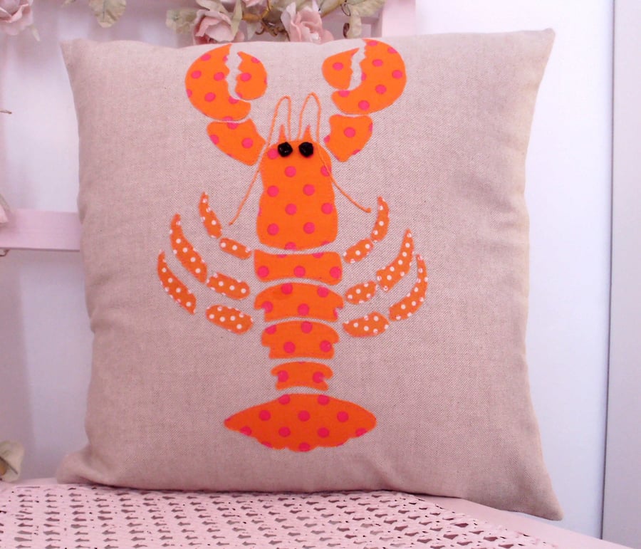 Cushion, Lobster applique pillow, appliqued cushion, orange Lobster