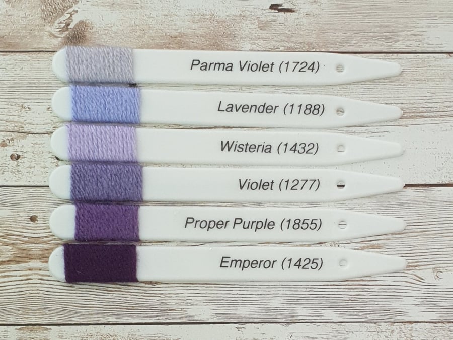6 Stylecraft Special DK colour sample sticks - a selection of purples