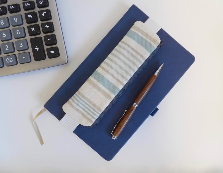  Elasticated pencil case for cover of book diary journal blue stripe