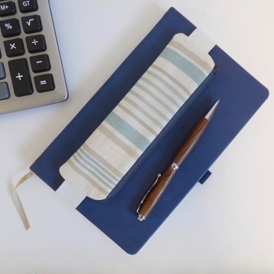  Elasticated pencil case for cover of book diary journal blue stripe