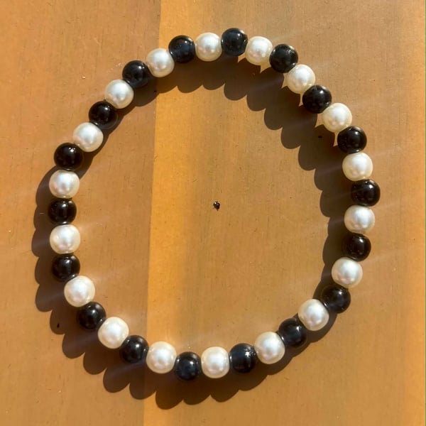 Handmade Black and White Beaded Bracelet