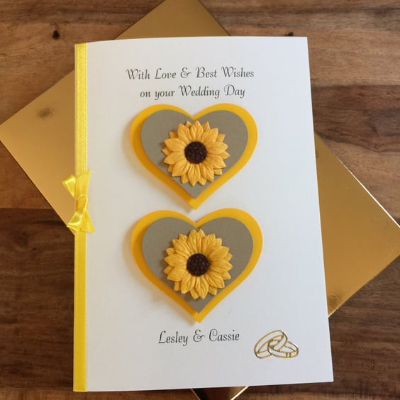 Boxed, Personalised Wedding Day Card. Gold And Yellow Hearts With Sunflowers. A5