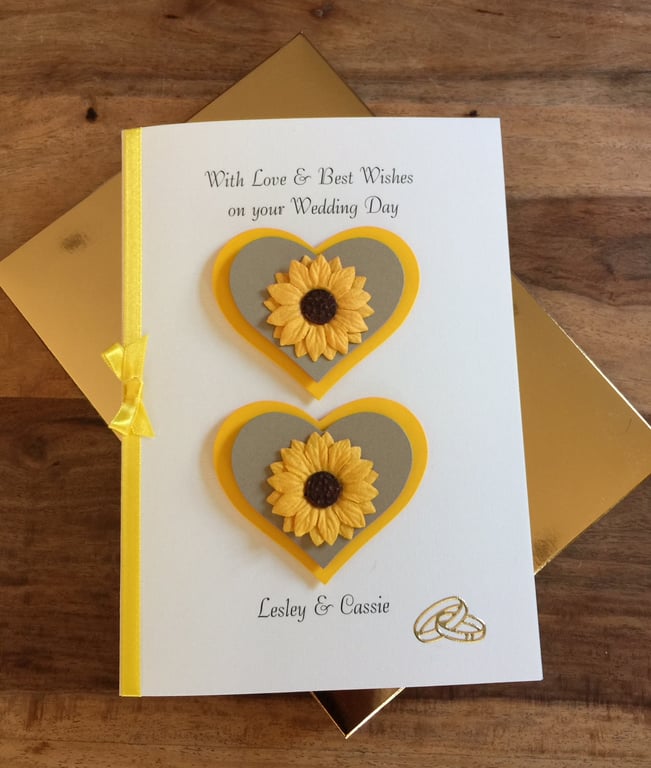 Boxed, Personalised Wedding Day Card. Gold And Yellow Hearts With Sunflowers. A5