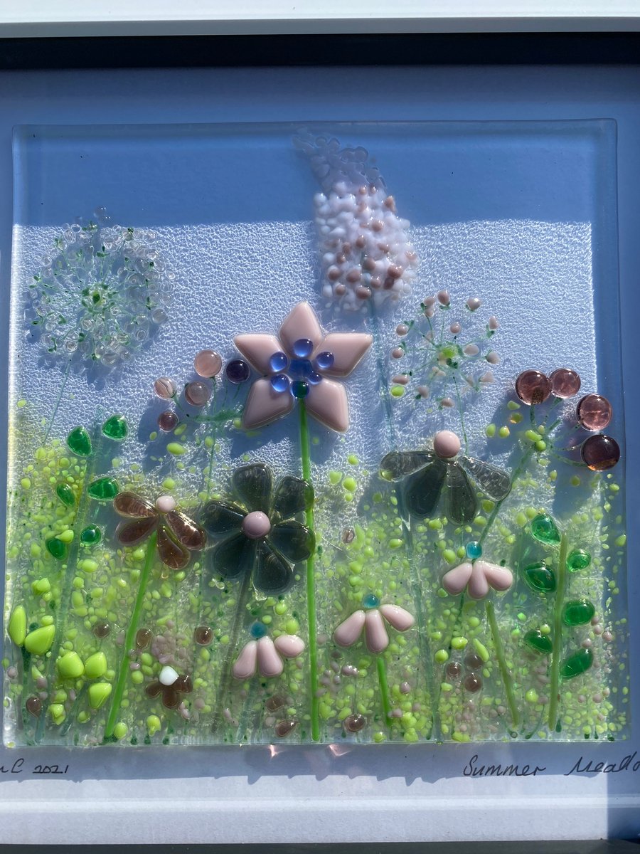 fused glass art glass picture, summer meadow