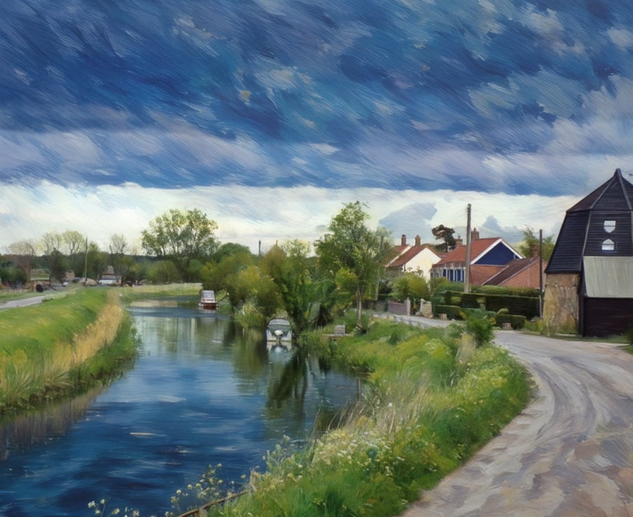 A4 Print Of Mill & Boats Well Creek Norfolk Summer 