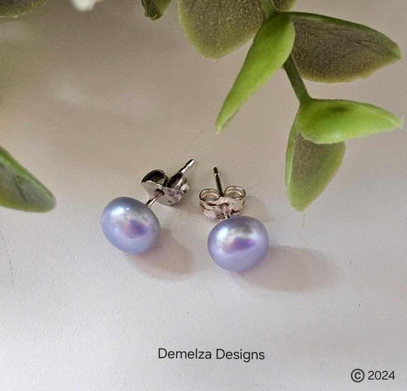 Silver Blue Button Freshwater Culture Pearl Stud Sterling Silver Earrings 