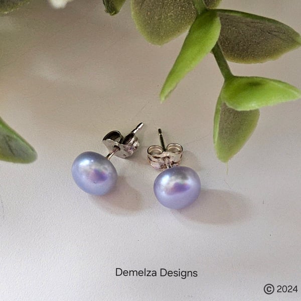 Silver Blue Button Freshwater Culture Pearl Stud Sterling Silver Earrings 