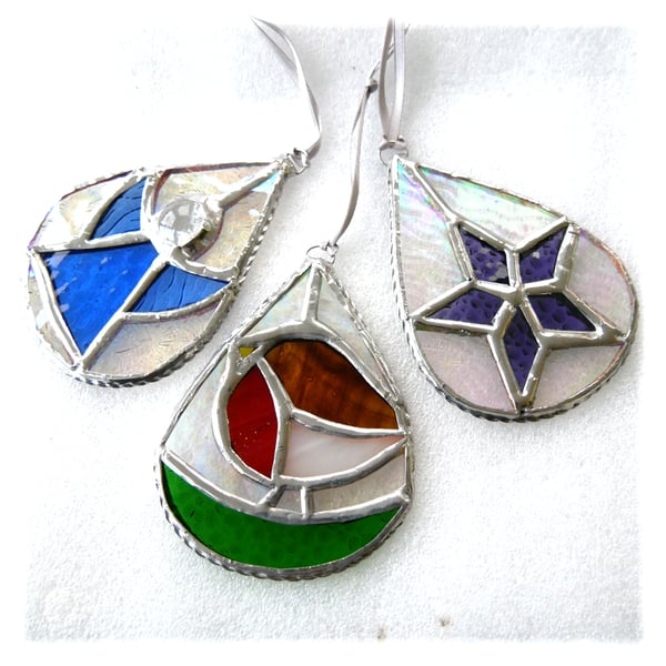 Teardrop Decoration Set of 3 Robin Star Angel Stained Glass Suncatcher Christmas