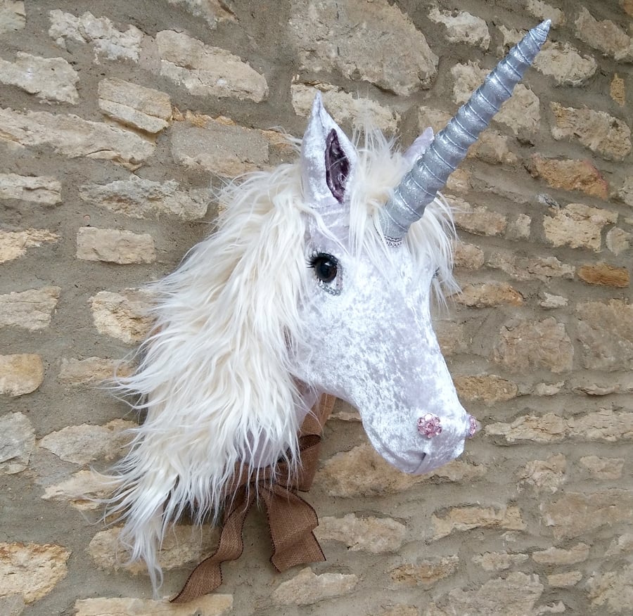 Handmade Unicorn white & silver velvet faux taxidermy wall mount animal head