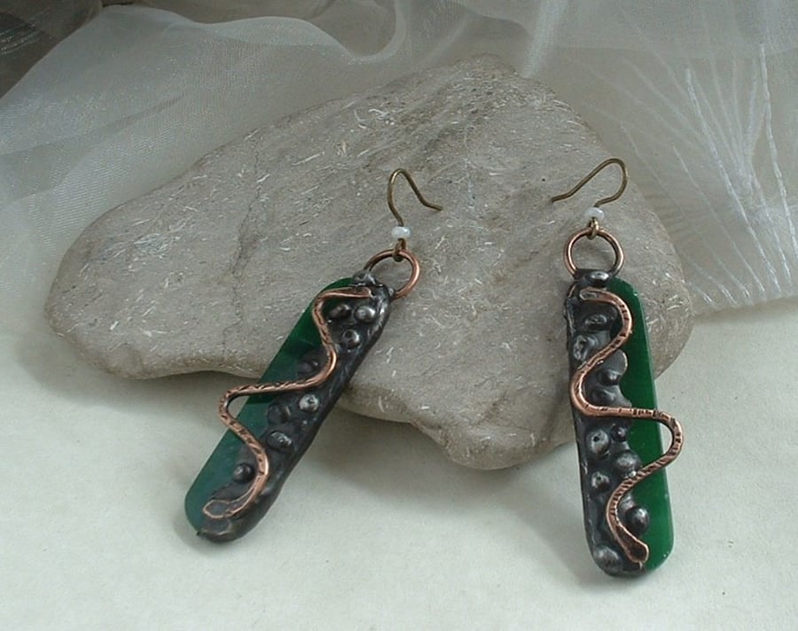 "Sea Serpents" Rustic Glass & Copper Earrings