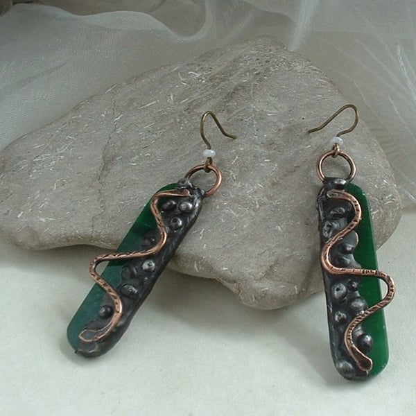 "Sea Serpents" Rustic Glass & Copper Earrings
