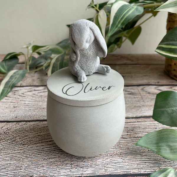 Small personalised concrete rabbit urn