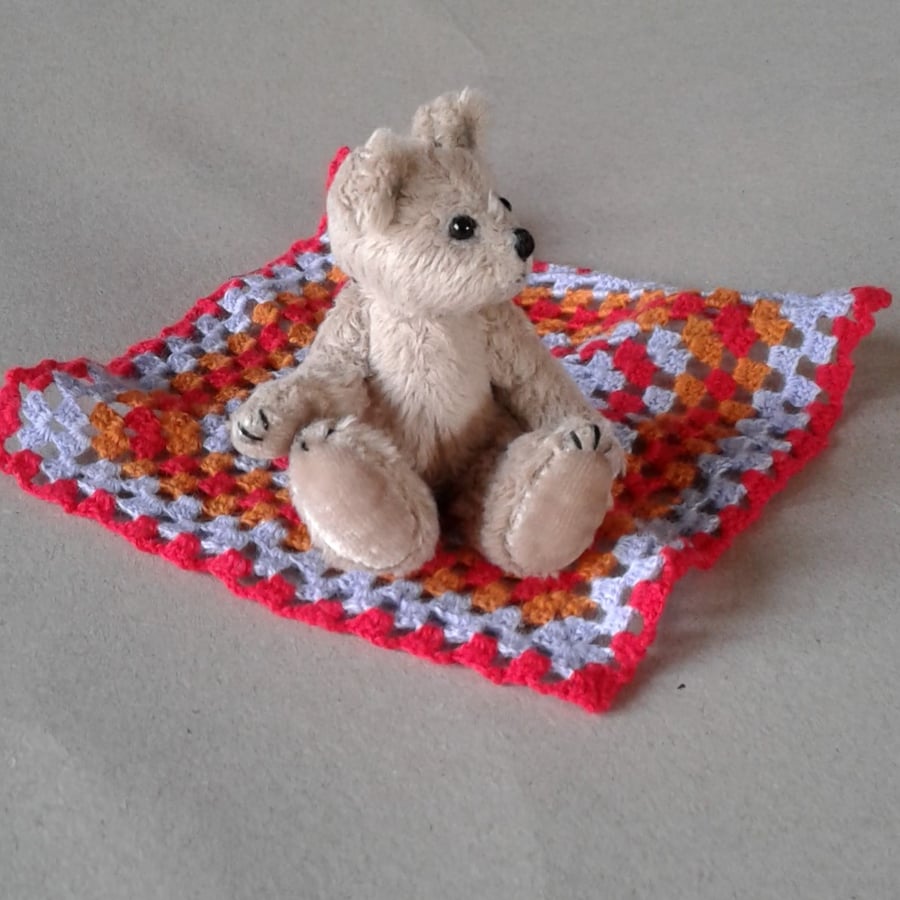Teddy bear, miniature 3" collectable jointed. Harry with a crocheted blanket