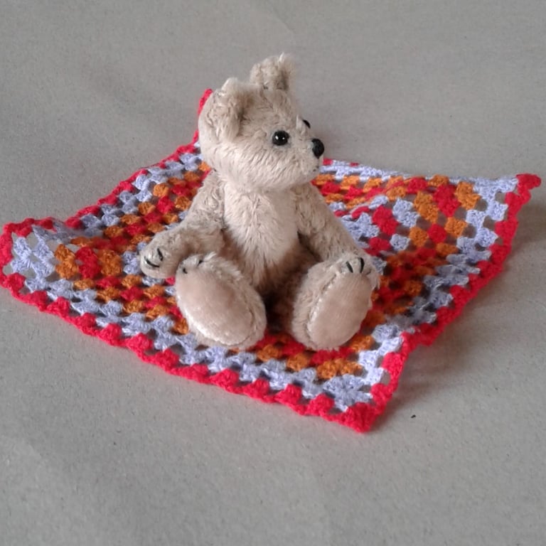Teddy bear, miniature 3" collectable jointed. Harry with a crocheted blanket