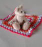 Teddy bear, miniature 3" collectable jointed. Harry with a crocheted blanket