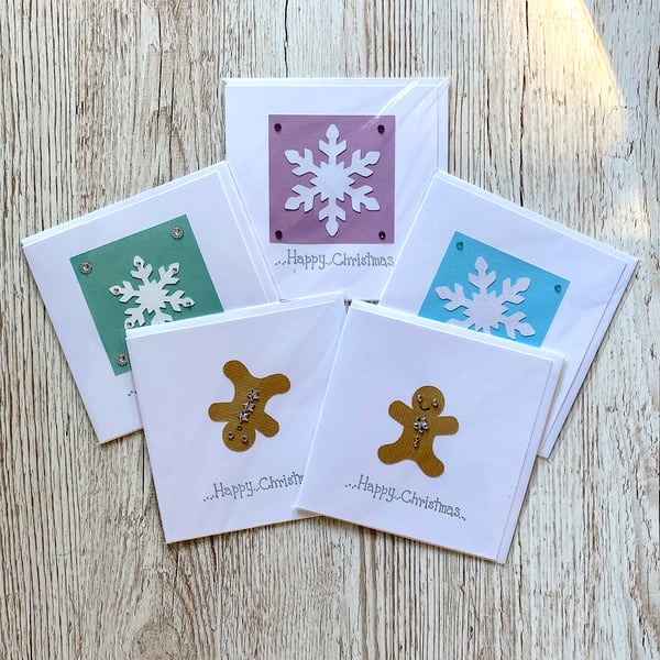 Christmas card 5 set - handmade jewelled snowflake gingerbread men