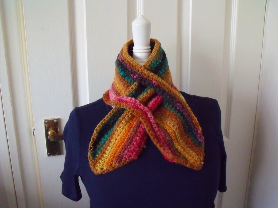 pure wool multi coloured scarfette neck warmer, short crocheted tippet scarf