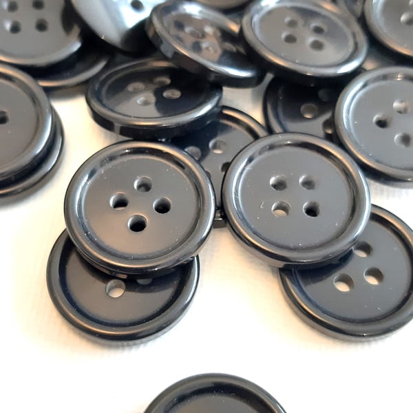 15mm, 4-hole black glossy buttons, with a raised outer edge