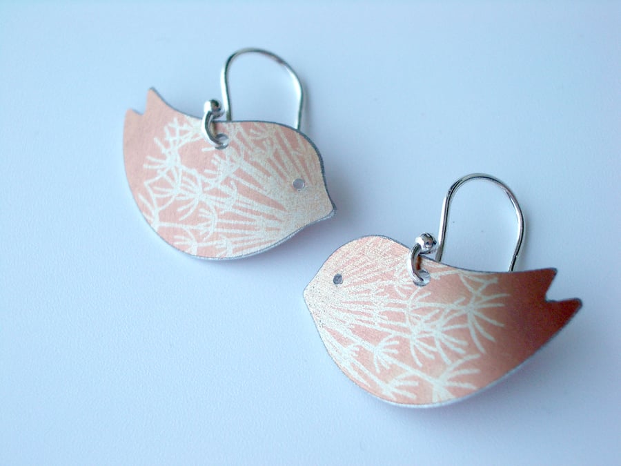 Bird earrings with dandelion clock print in orange and silver