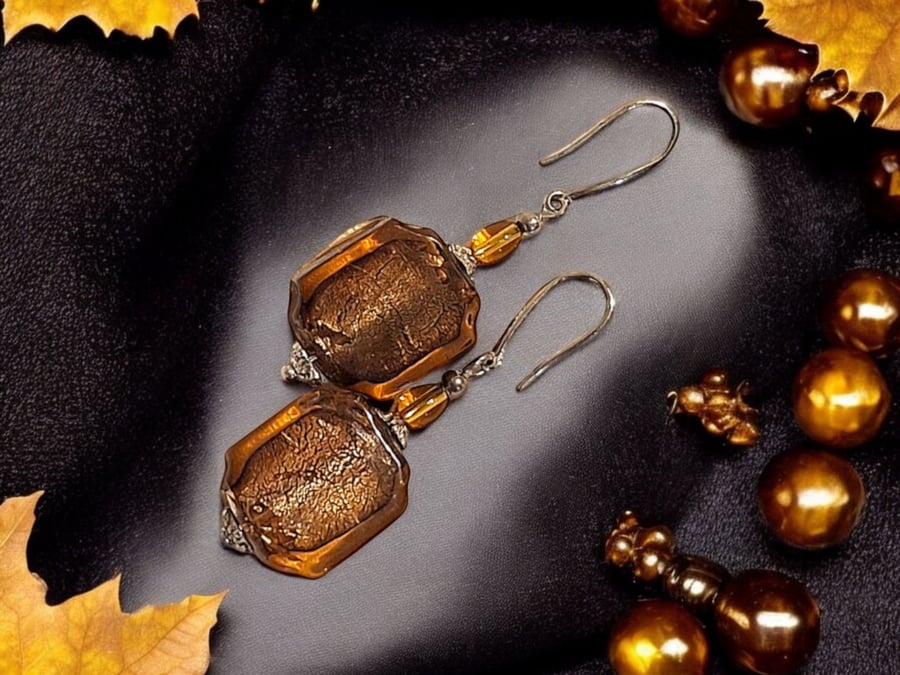 Silver foiled Amber coloured glass earrings