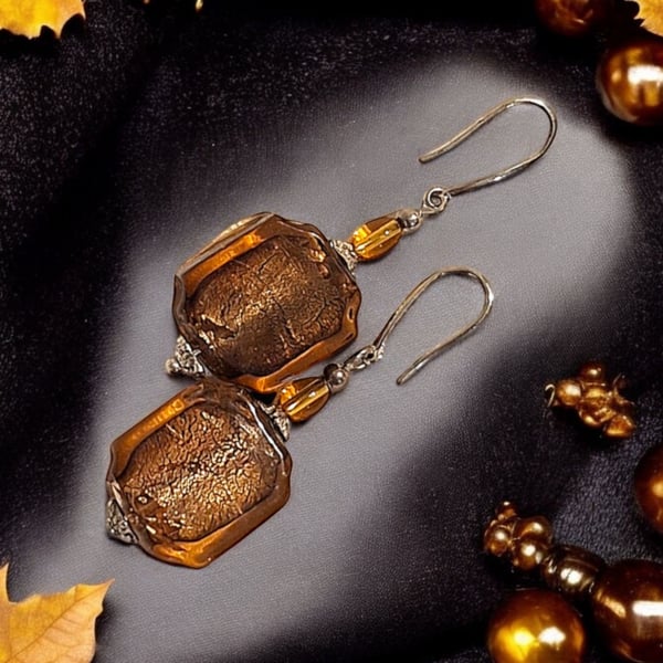 Silver foiled Amber coloured glass earrings