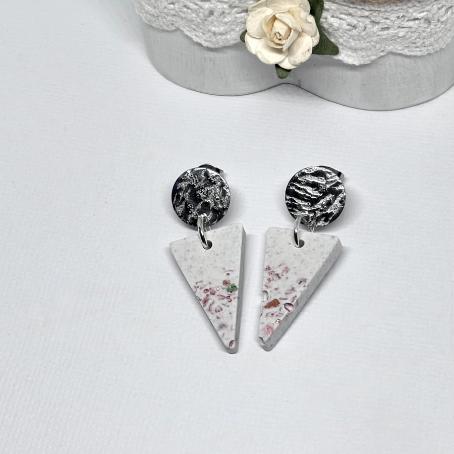 Grey Jesmonite Triangle Earrings with Pink Glass Chips, Geometric 