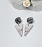 Grey Jesmonite Triangle Earrings with Pink Glass Chips, Geometric 