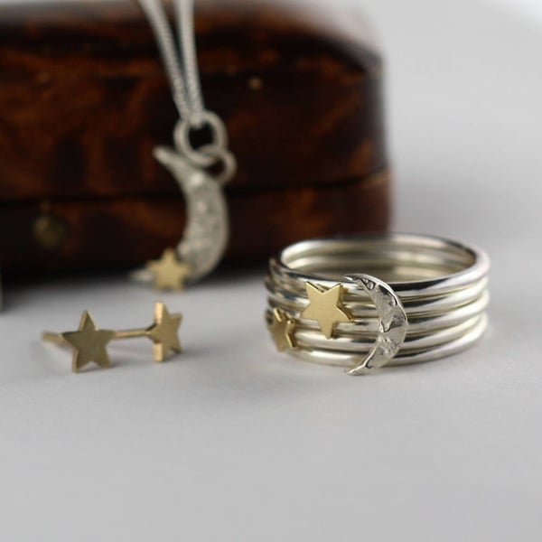 Star and Moon ring, Silver moon stacking ring, gold star ring, silver moon ring