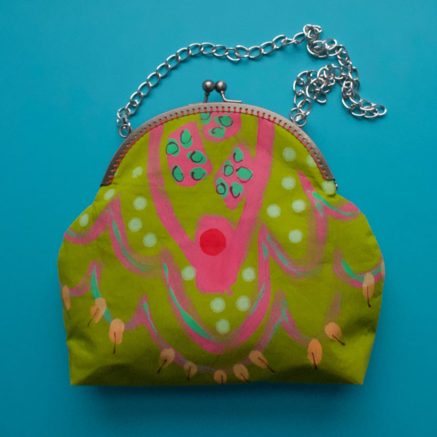Hand painted fabric large purse or small hand bag - green and pink